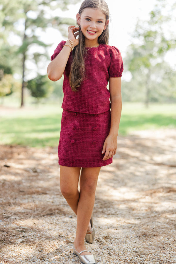 Girls: Elevated Essential Burgundy Tweed Top