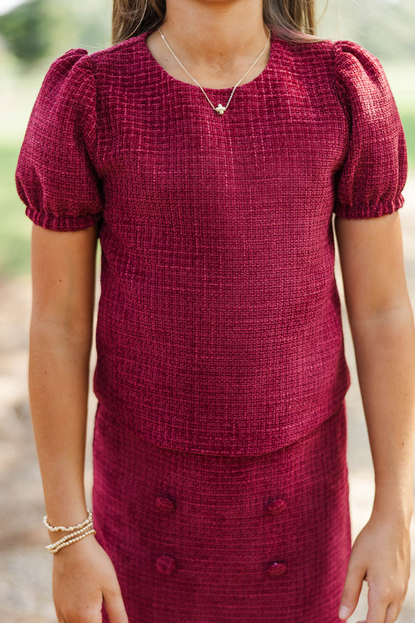 Girls: Elevated Essential Burgundy Tweed Top