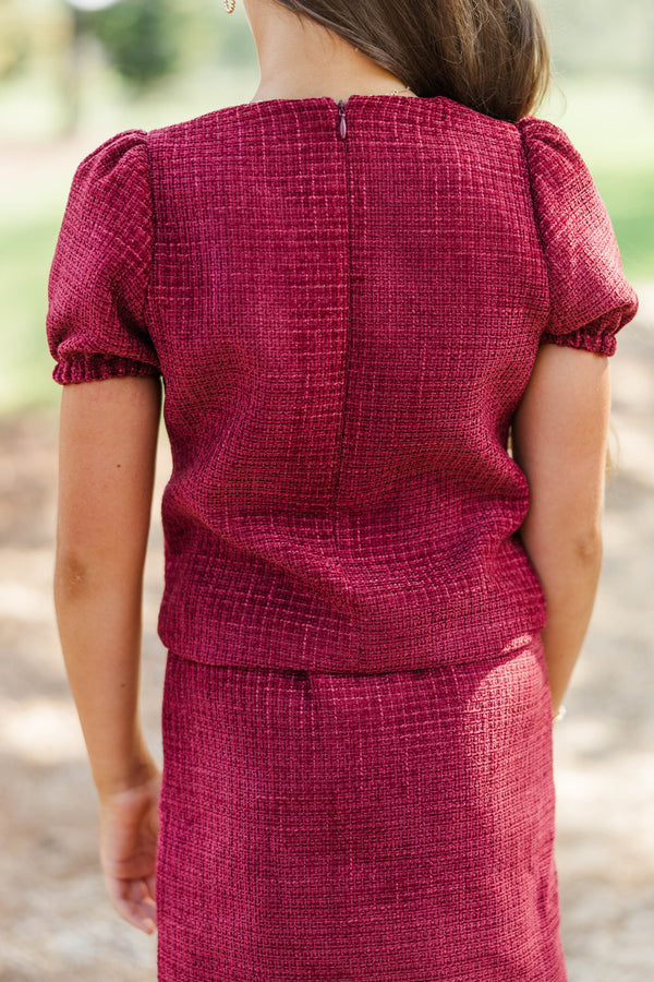 Girls: Elevated Essential Burgundy Tweed Top