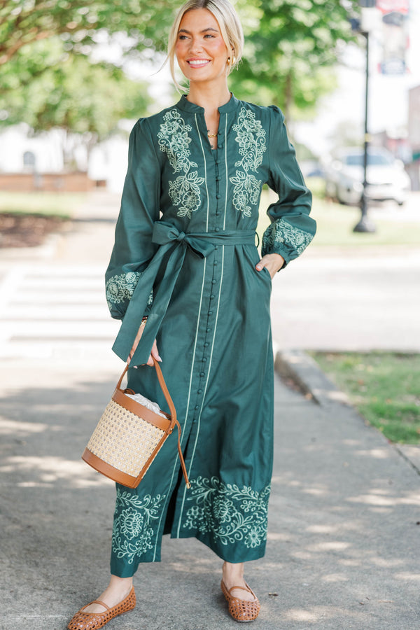 Gathered Joy Emerald Embroidered Midi Dress