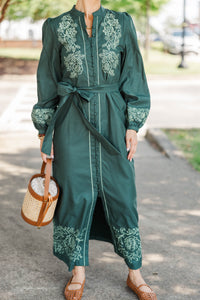 Gathered Joy Emerald Embroidered Midi Dress