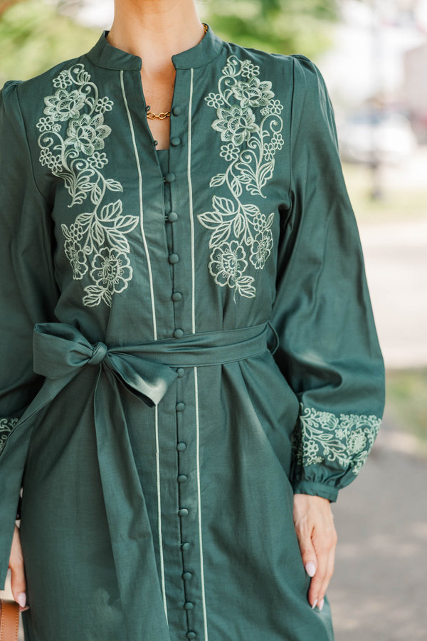 Gathered Joy Emerald Embroidered Midi Dress