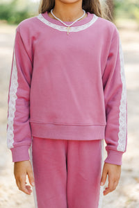 Girls: Weekend Escape Mauve Lace Trim Sweatshirt