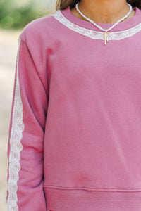 Girls: Weekend Escape Mauve Lace Trim Sweatshirt