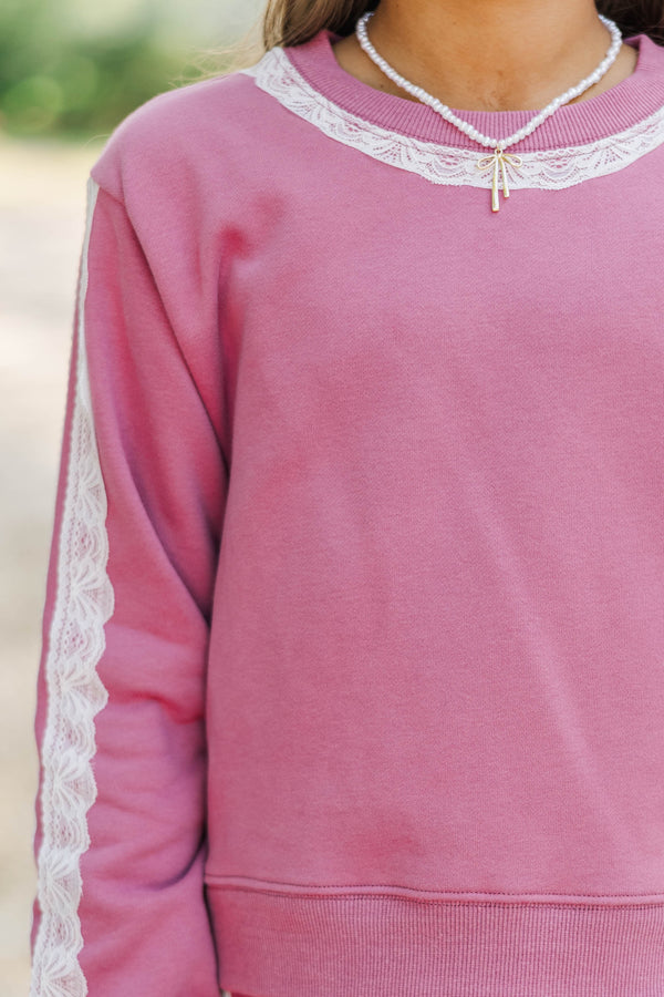 Girls: Weekend Escape Mauve Lace Trim Sweatshirt