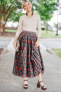 Flourish Daily Brown Floral Pleated Midi Skirt