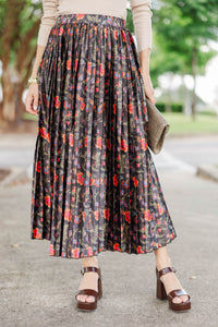 Flourish Daily Brown Floral Pleated Midi Skirt