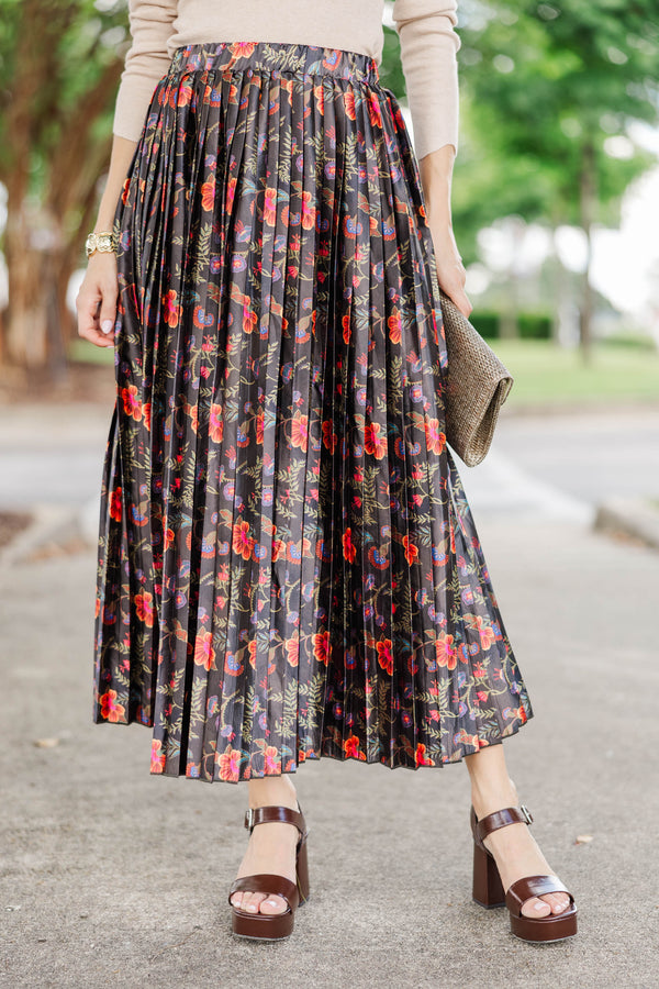 Flourish Daily Brown Floral Pleated Midi Skirt