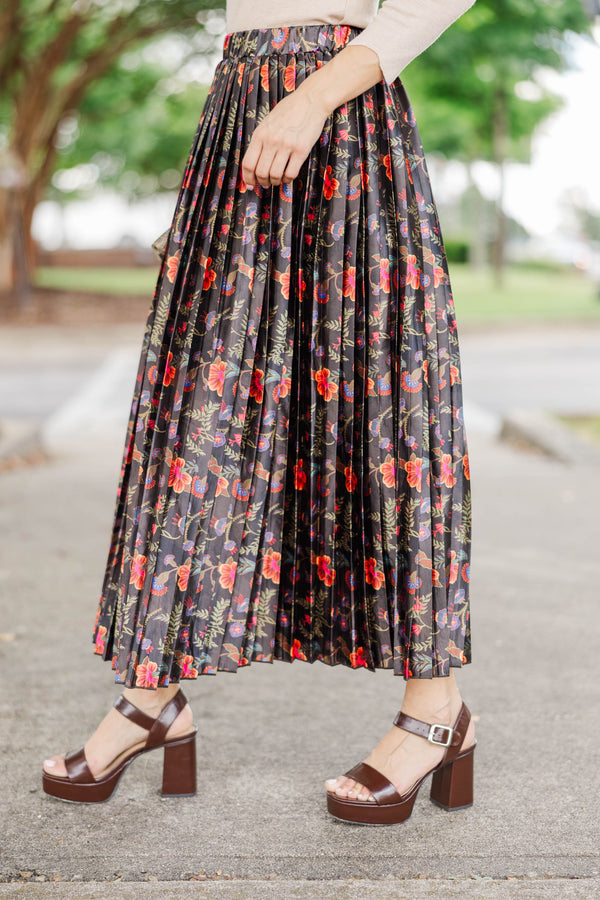 Flourish Daily Brown Floral Pleated Midi Skirt