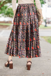 Flourish Daily Brown Floral Pleated Midi Skirt