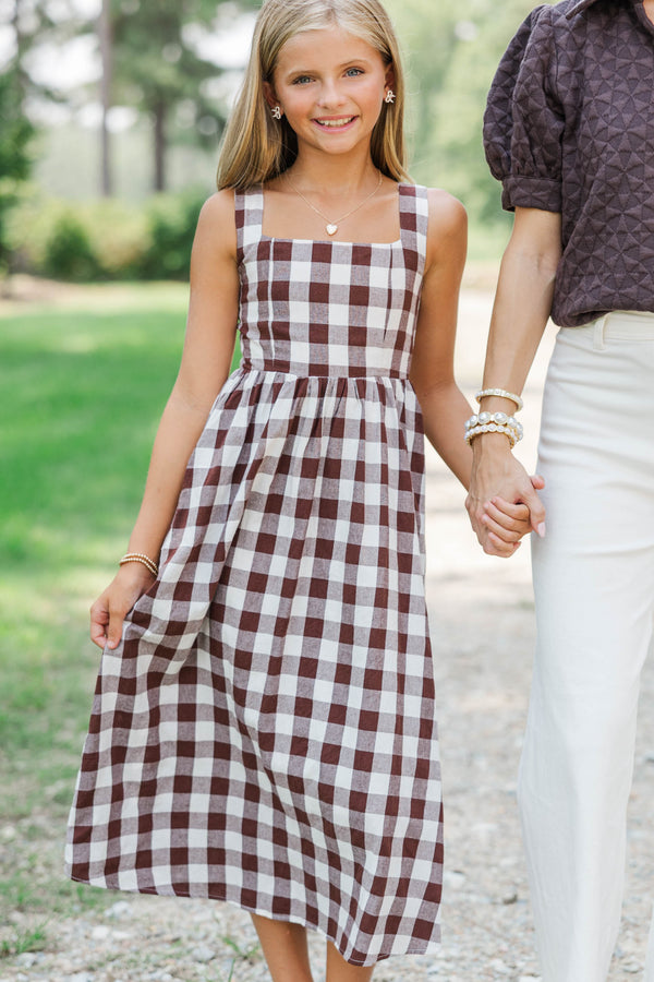 Girls: Chic On Repeat Brown Gingham Midi Dress