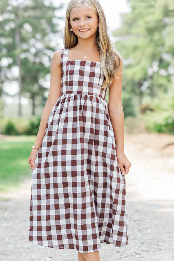 Girls: Chic On Repeat Brown Gingham Midi Dress