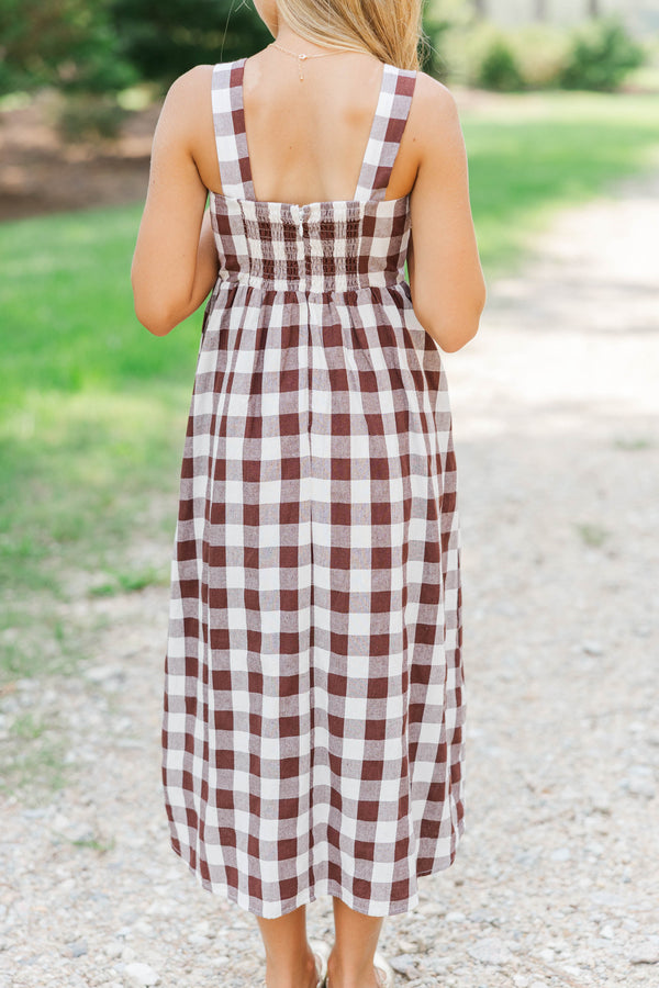 Girls: Chic On Repeat Brown Gingham Midi Dress