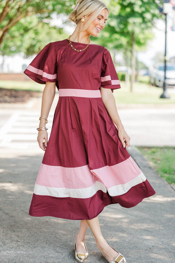 In Good Taste Burgundy Bow Stripe Midi Dress