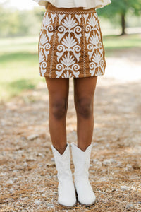 Girls: Worth Knowing Brown Suede Embroidered Skort
