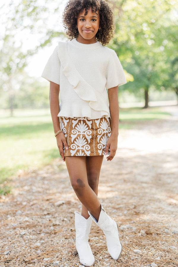 Girls: Worth Knowing Brown Suede Embroidered Skort