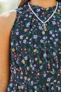 Girls: Fresh Focus Green & Black Ditsy Floral Midi Dress