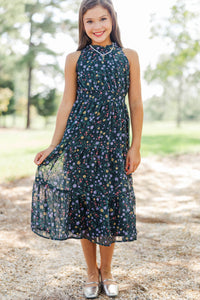 Girls: Fresh Focus Green & Black Ditsy Floral Midi Dress