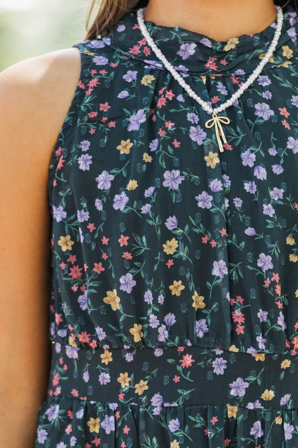 Girls: Fresh Focus Green & Black Ditsy Floral Midi Dress
