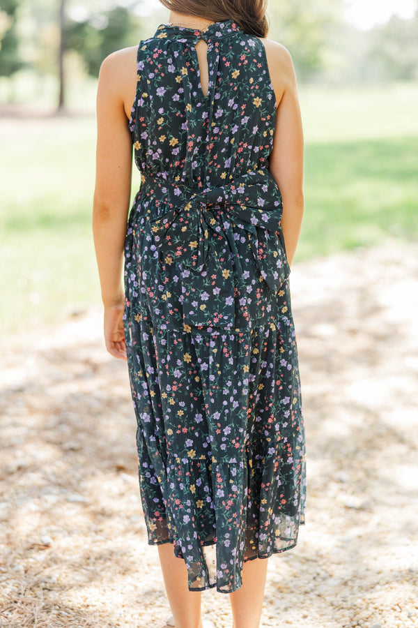 Girls: Fresh Focus Green & Black Ditsy Floral Midi Dress
