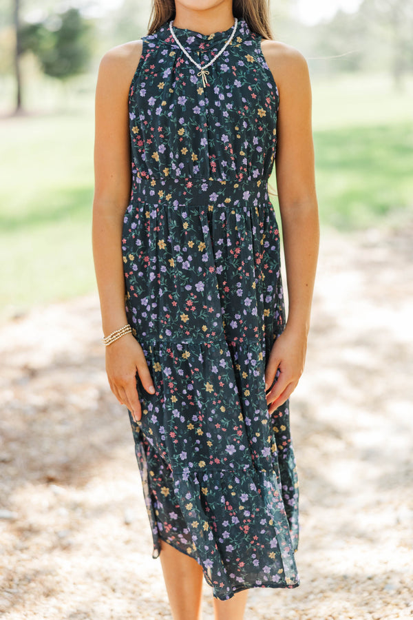 Girls: Fresh Focus Green & Black Ditsy Floral Midi Dress