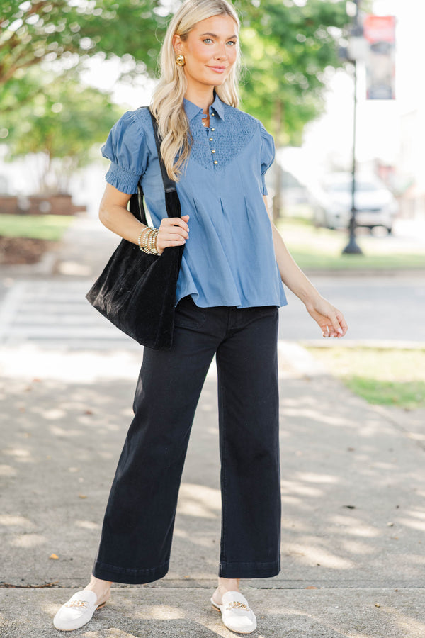 Every Once In Awhile Blue Smocked Blouse