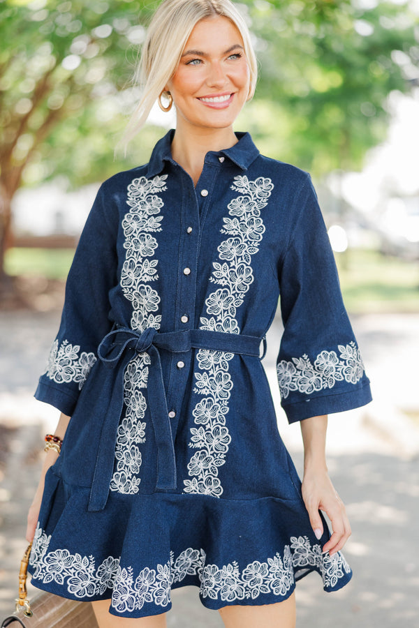 Simply Worth It Embroidered Denim Shirt Dress