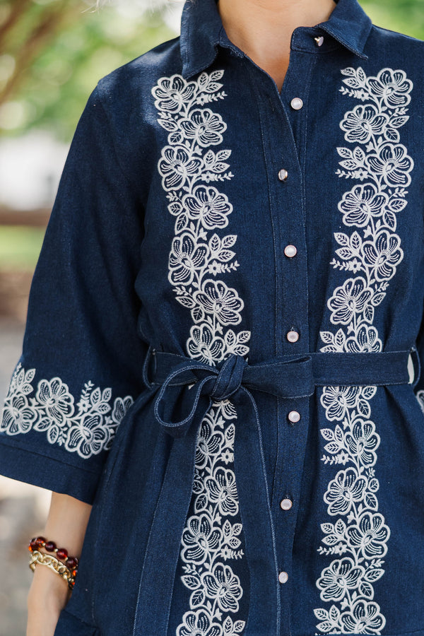 Simply Worth It Embroidered Denim Shirt Dress