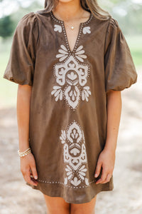 Girls: As Time Flies Brown Suede Embroidered Shift Dress