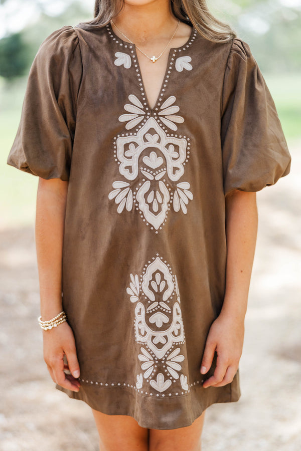 Girls: As Time Flies Brown Suede Embroidered Shift Dress