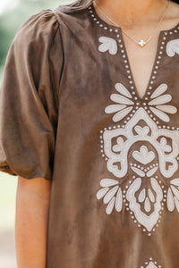 Girls: As Time Flies Brown Suede Embroidered Shift Dress