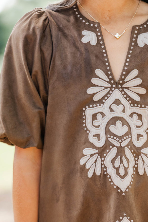 Girls: As Time Flies Brown Suede Embroidered Shift Dress