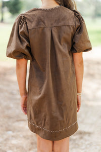 Girls: As Time Flies Brown Suede Embroidered Shift Dress