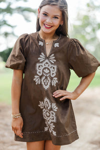 Girls: As Time Flies Brown Suede Embroidered Shift Dress