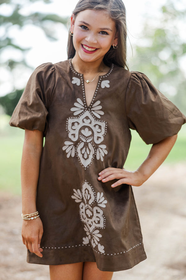 Girls: As Time Flies Brown Suede Embroidered Shift Dress