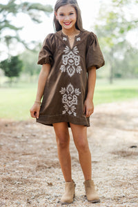 Girls: As Time Flies Brown Suede Embroidered Shift Dress