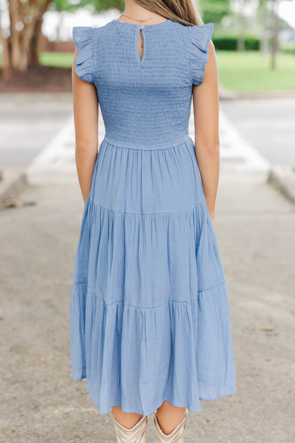 Girls: Learn From The Best Denim Blue Smocked Midi Dress