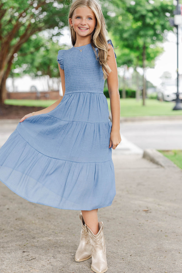 Girls: Learn From The Best Denim Blue Smocked Midi Dress