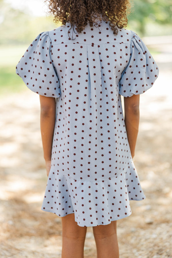 Girls: Sweet Statement Light Blue Polka Dot Dress