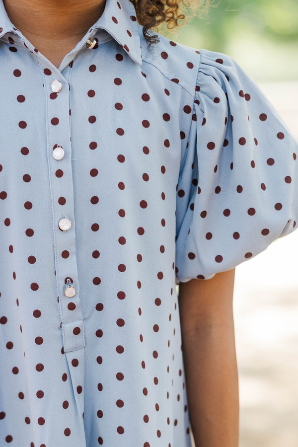 Girls: Sweet Statement Light Blue Polka Dot Dress