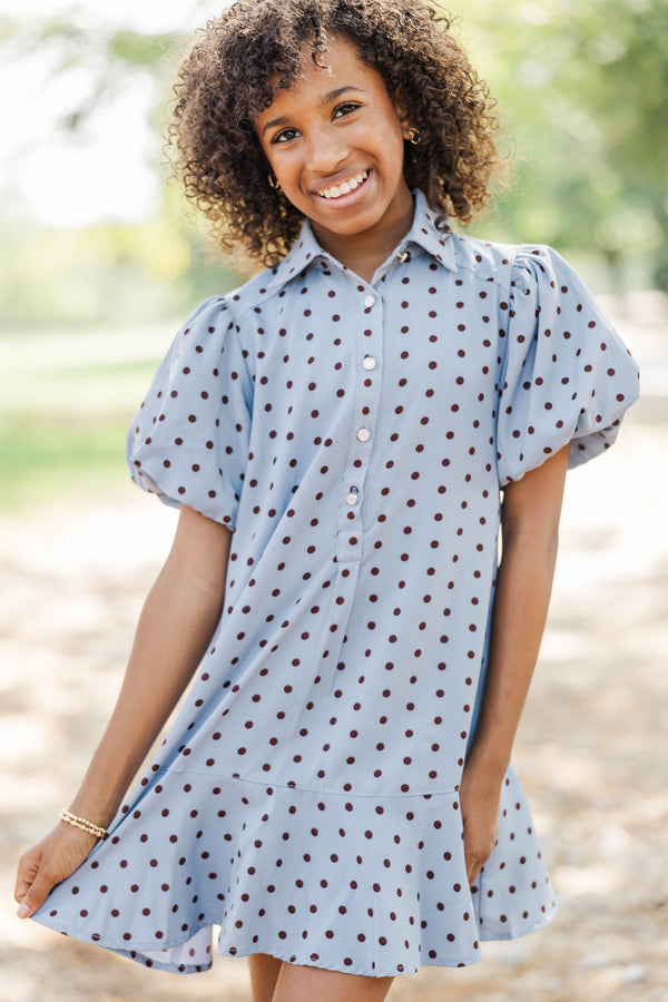 Girls: Sweet Statement Light Blue Polka Dot Dress