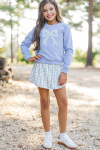 Girls: With The Cutest Light Blue Bow Patchwork Sweatshirt