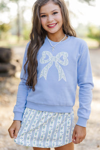 Girls: With The Cutest Light Blue Bow Patchwork Sweatshirt
