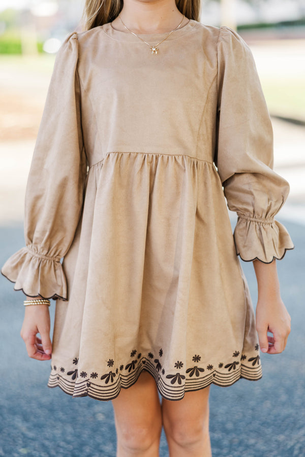 Girls: Waving Hello Camel Embroidered Babydoll Dress