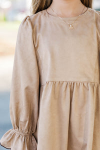 Girls: Waving Hello Camel Embroidered Babydoll Dress