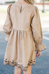 Girls: Waving Hello Camel Embroidered Babydoll Dress