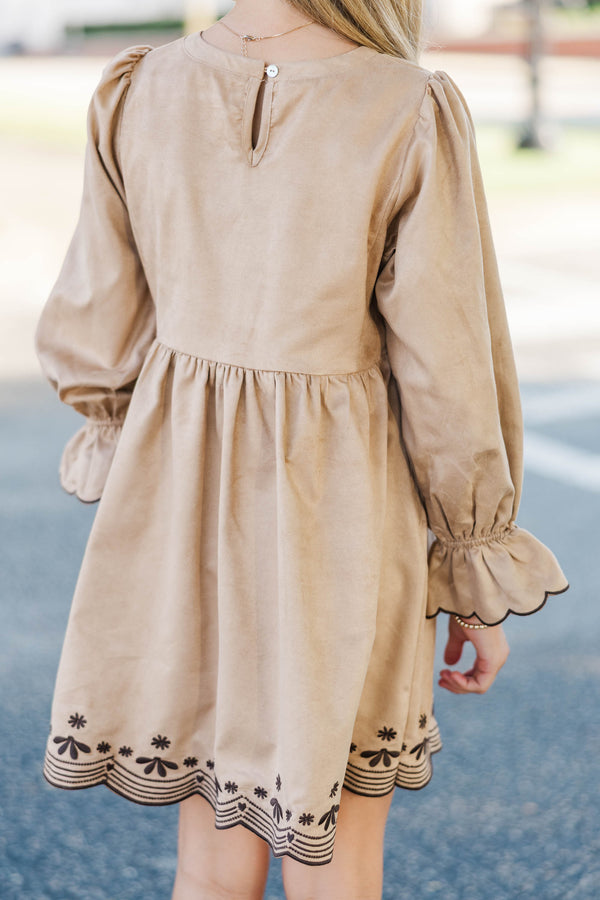 Girls: Waving Hello Camel Embroidered Babydoll Dress