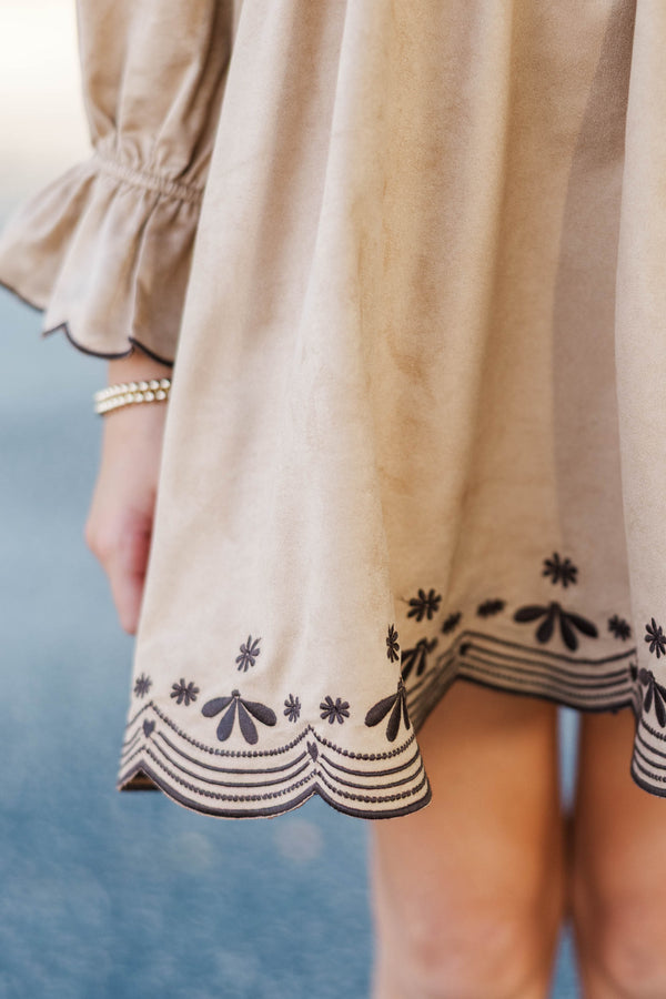 Girls: Waving Hello Camel Embroidered Babydoll Dress