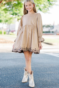 Girls: Waving Hello Camel Embroidered Babydoll Dress