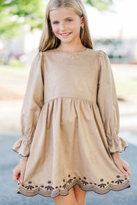 Girls: Waving Hello Camel Embroidered Babydoll Dress